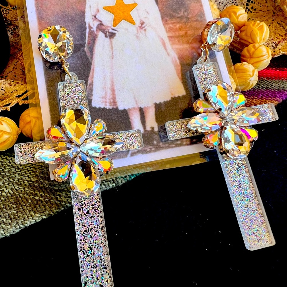 Crystal Cross Drop Earrings - Iridescent Glitter